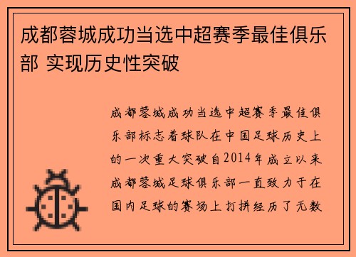 成都蓉城成功当选中超赛季最佳俱乐部 实现历史性突破